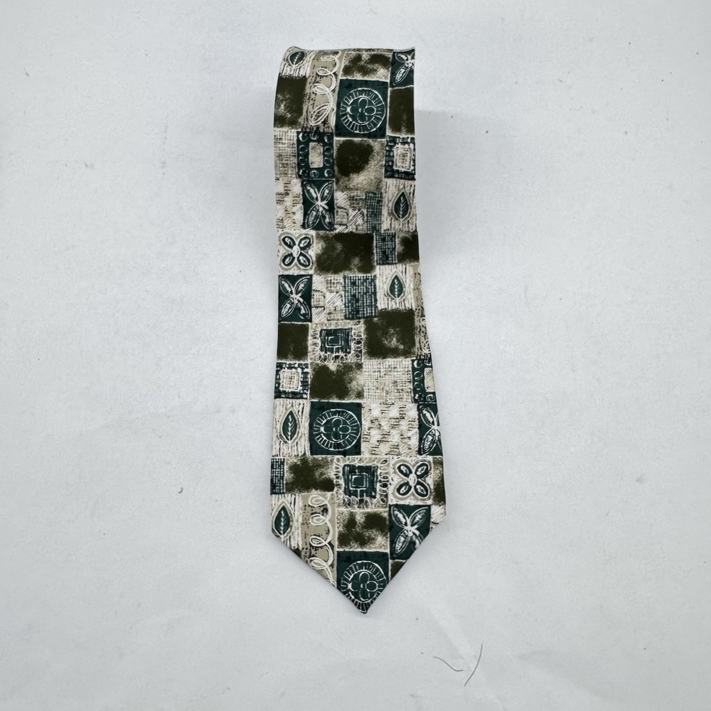 Mens Tie Vintage‎ Antartex Teal Beige Brown Geometic 100% Silk Great Britian